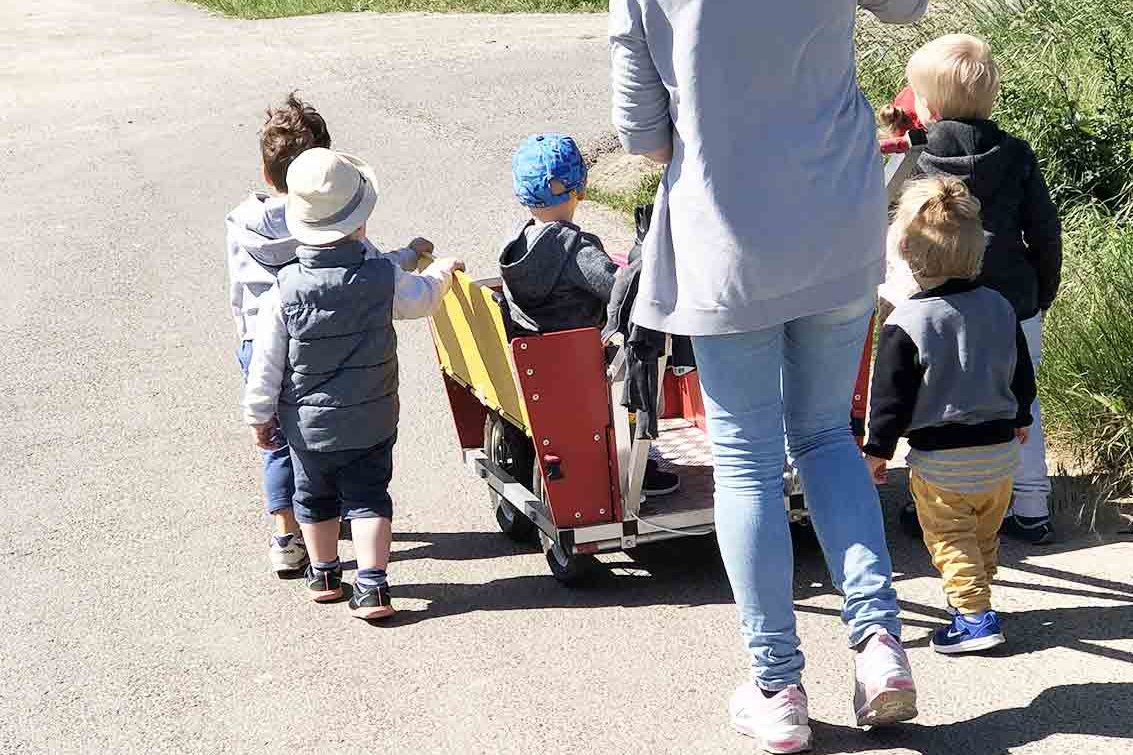 Bild von einer Tagesmutter mit einem Bollerwagen und fünf kleinen Tagespflege-Kindern beim Spaziergang auf einem Feld.