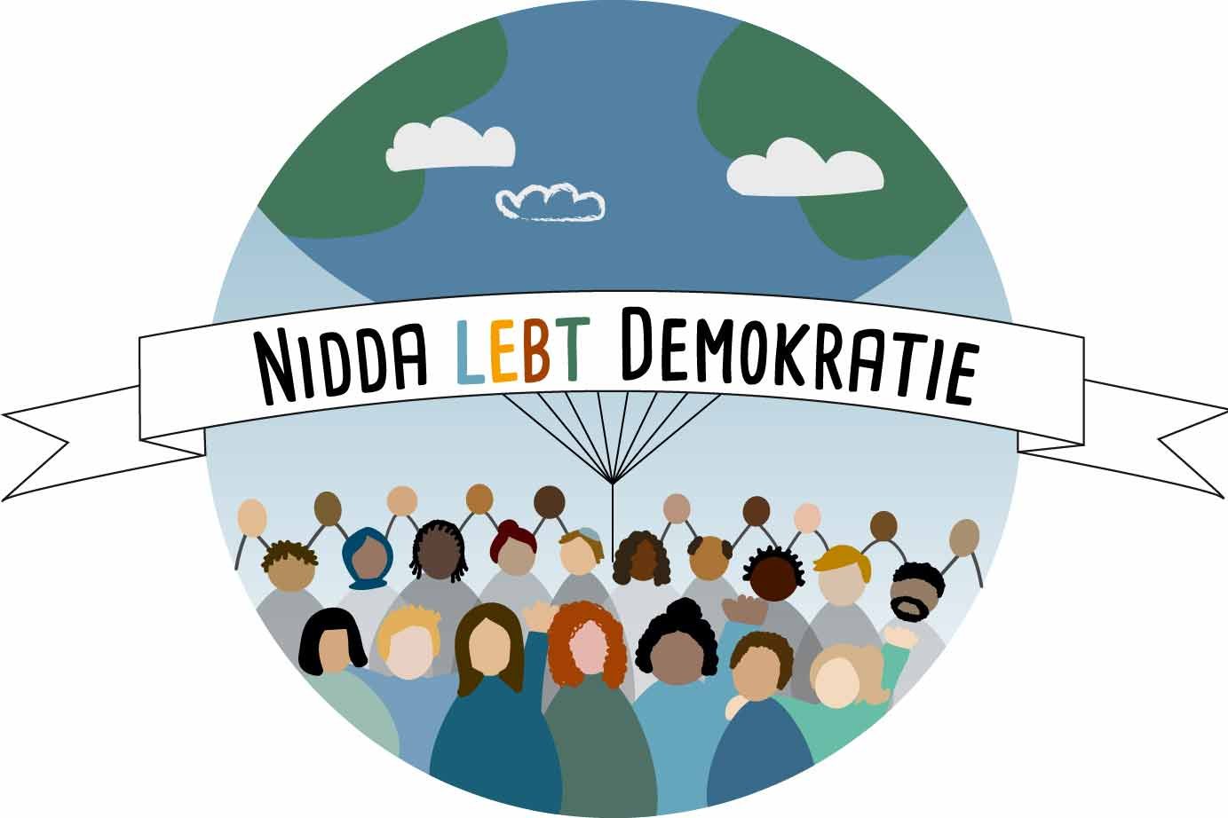 Logo Nidda lebt Demokratie. Grafik mit vielen Menschen unter blauem Himmel.